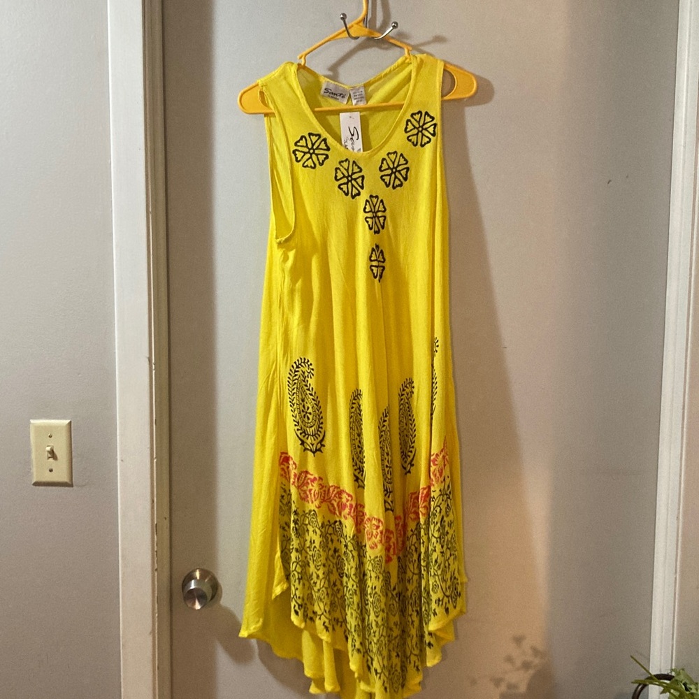 Sante Yellow Sleeveless Dress with Black  Patterns one size fits all